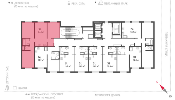 64,1 м², 3-комн. квартира, 12/19 этаж