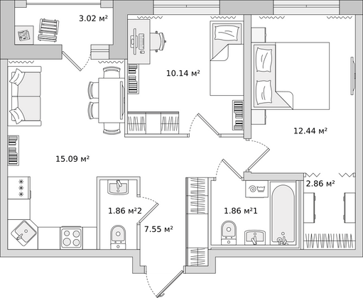 53,6 м², 2-комн. квартира, 12/17 этаж