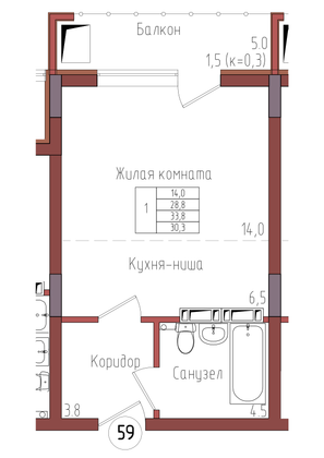 30,3 м², 1-комн. квартира, 8/9 этаж