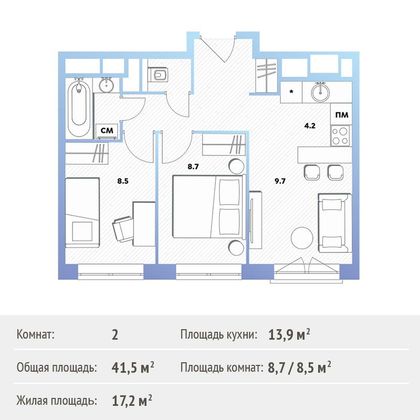 Продажа 2-комнатной квартиры 42 м², 11/30 этаж
