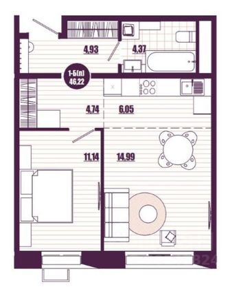 Продажа 1-комнатной квартиры 46,1 м², 2/16 этаж