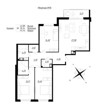 97,8 м², 3-комн. квартира, 2/5 этаж