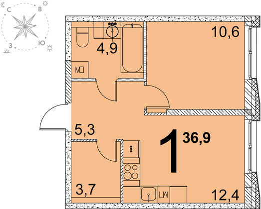 36,9 м², 1-комн. квартира, 18 этаж