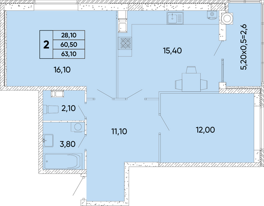 63,1 м², 2-комн. квартира, 3/18 этаж