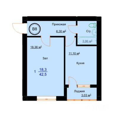 Продажа 1-комнатной квартиры 44,5 м², 1/9 этаж