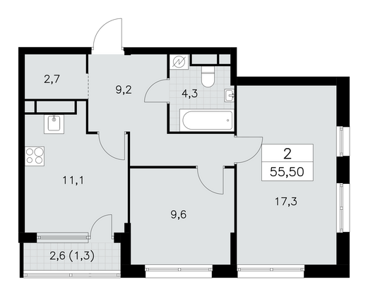 55,5 м², 2-комн. квартира, 24/30 этаж