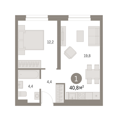 40,8 м², 1-комн. квартира, 2/8 этаж