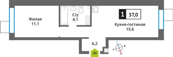 Продажа 1-комнатной квартиры 37 м², 6/6 этаж