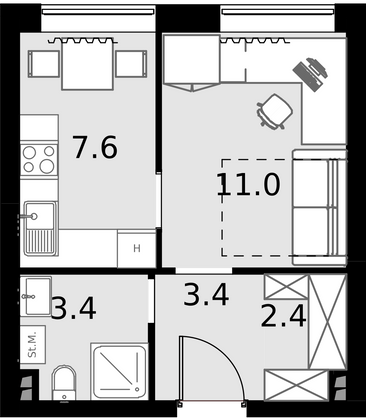 27,8 м², 1-комн. квартира, 7/28 этаж