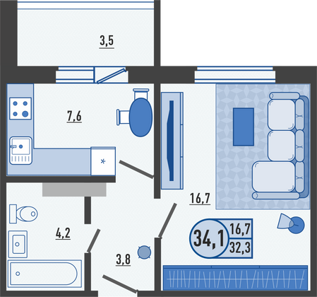 34,1 м², 1-комн. квартира, 12/16 этаж