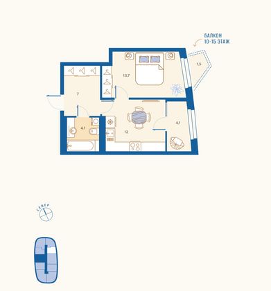 Продажа 1-комнатной квартиры 41,2 м², 3/18 этаж
