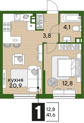 Продажа 1-комнатной квартиры 41,6 м², 6/16 этаж