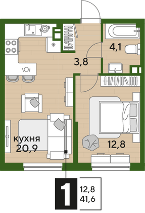 Продажа 1-комнатной квартиры 41,6 м², 3/16 этаж