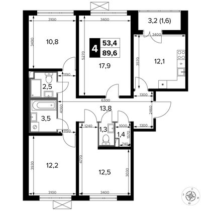 89,6 м², 4-комн. квартира, 2/23 этаж