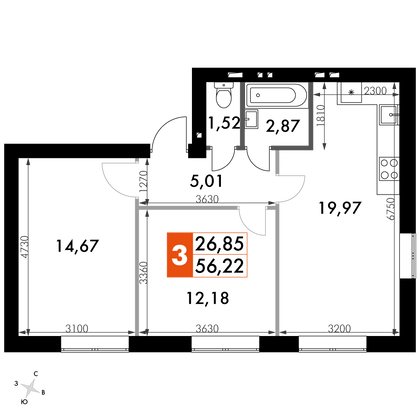 56,2 м², 2-комн. квартира, 4/4 этаж