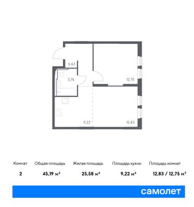 45,2 м², 1-комн. квартира, 2/14 этаж