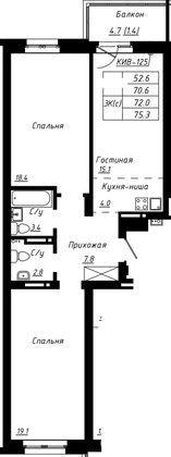 Продажа 3-комнатной квартиры 72 м², 13/16 этаж