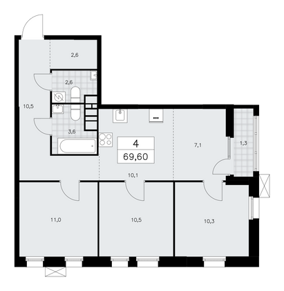 69,6 м², 4-комн. квартира, 10/18 этаж