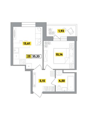 35,3 м², 2-комн. квартира, 3 этаж