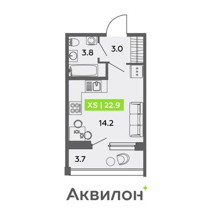 22,9 м², студия, 1/13 этаж