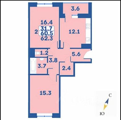 Продажа 2-комнатной квартиры 62,7 м², 2/9 этаж