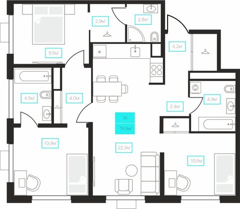 78,9 м², 3-комн. квартира, 19/23 этаж