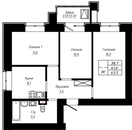 63,5 м², 3-комн. квартира, 11/16 этаж