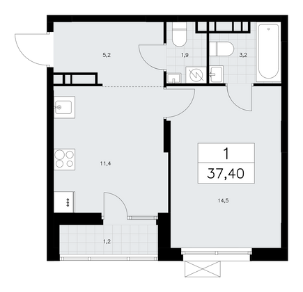 37,4 м², своб. планировка, 8/10 этаж