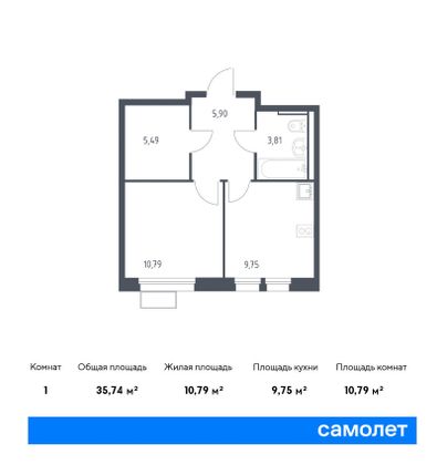 35,7 м², 1-комн. квартира, 13/17 этаж