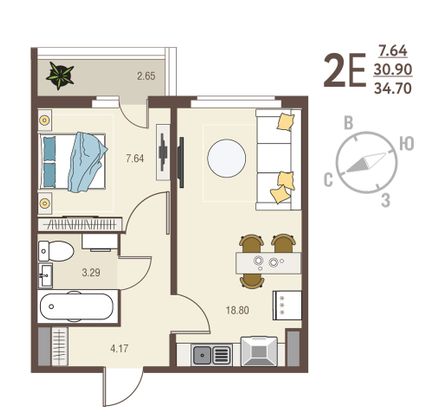 34,7 м², 1-комн. квартира, 13/17 этаж