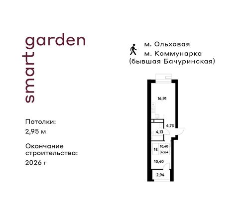 Продажа 1-комнатной квартиры 37,6 м², 2/16 этаж