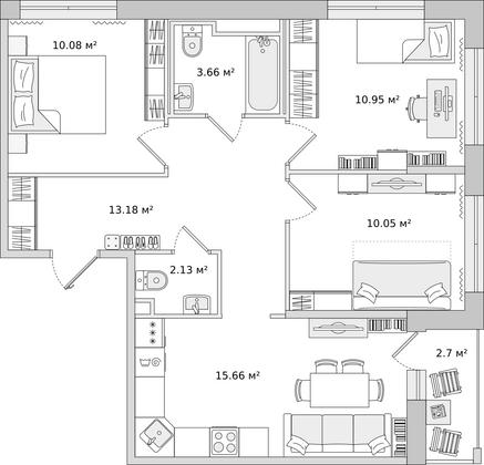 65 м², 3-комн. квартира, 7/15 этаж