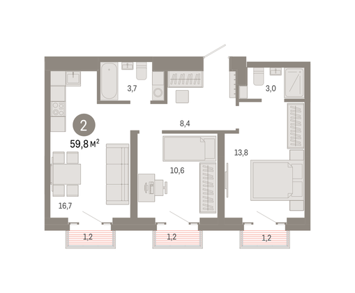 Продажа 2-комнатной квартиры 59,8 м², 23/31 этаж