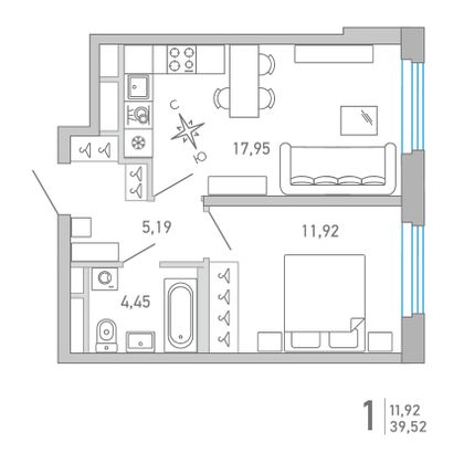 39,5 м², 1-комн. квартира, 5/10 этаж