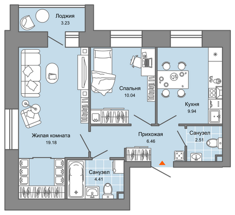 54 м², 2-комн. квартира, 2/7 этаж