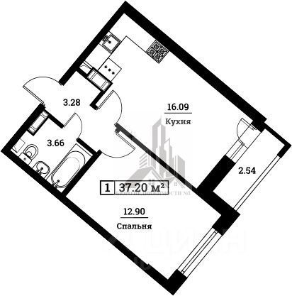 Продажа 1-комнатной квартиры 37,2 м², 12/16 этаж