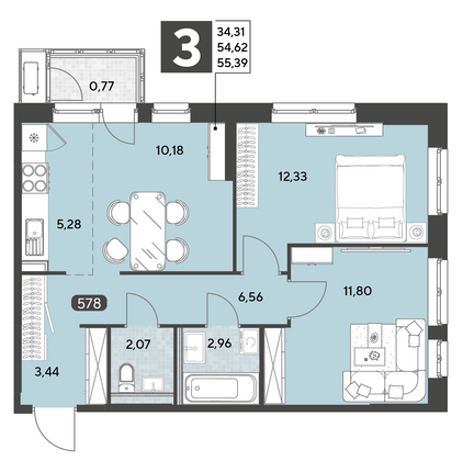 Продажа 3-комнатной квартиры 55,4 м², 3/25 этаж