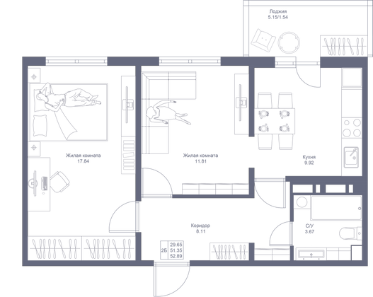 52,9 м², 2-комн. квартира, 9/10 этаж