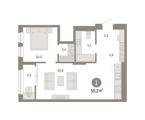 55 м², 1-комн. квартира, 7/15 этаж