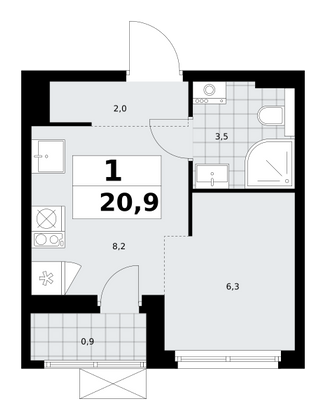 20,9 м², своб. планировка, 3/19 этаж