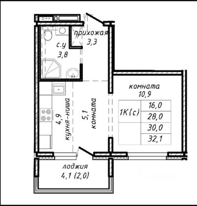 Продажа 1-комнатной квартиры 30 м², 2/17 этаж