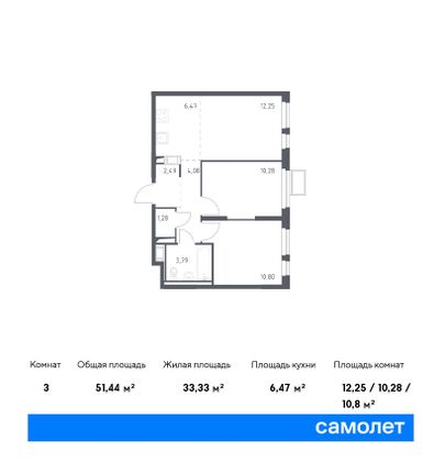 51,4 м², 2-комн. квартира, 3/17 этаж