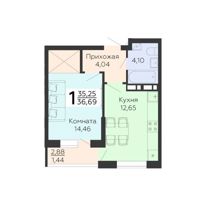Продажа 1-комнатной квартиры 36,7 м², 14/16 этаж