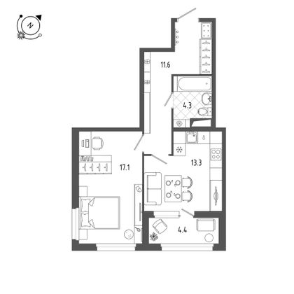 48,7 м², 1-комн. квартира, 2/10 этаж