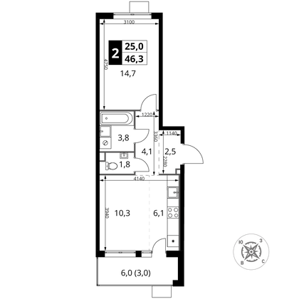 46,3 м², 2-комн. квартира, 2/16 этаж