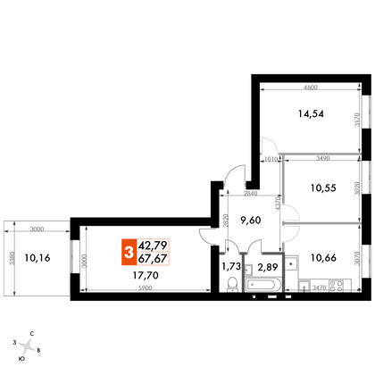 67,7 м², 3-комн. квартира, 1/4 этаж