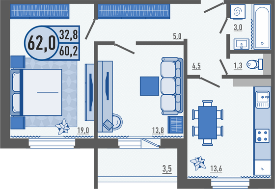 Продажа 2-комнатной квартиры 62 м², 13/16 этаж