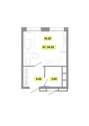24,5 м², 1-комн. квартира, 6 этаж