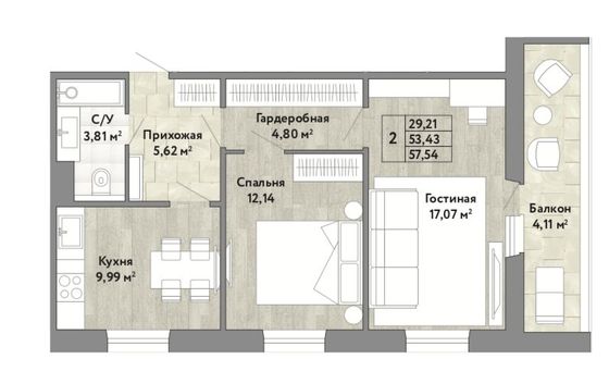 57,5 м², 2-комн. квартира, 1/7 этаж