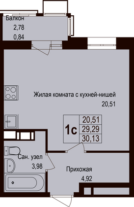 Продажа квартиры-студии 30,1 м², 3/6 этаж